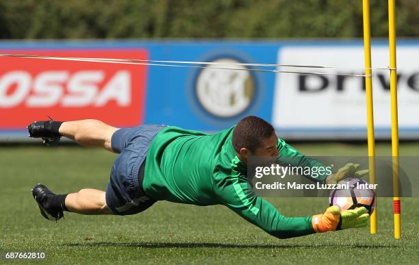 Juan Pablo Carrizo of FC Internazionale dives to save a shot during the FC Internazionale training session at the club's training ground Suning...
