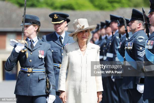 Camilla, Duchess of Cornwall arrives at RAF Halton for a graduation parade and to present the station with its new Queen's Colour on May 24, 2017 in...