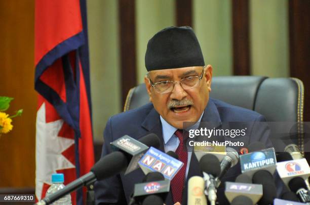 Prime Minister of Nepal, Pushpa Kamal Dahal, resigns after giving special speech at prime minister office at Kathmandu, Nepal on Wednesday, May 24,...