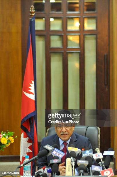 Prime Minister of Nepal, Pushpa Kamal Dahal, resigns after giving special speech at prime minister office at Kathmandu, Nepal on Wednesday, May 24,...