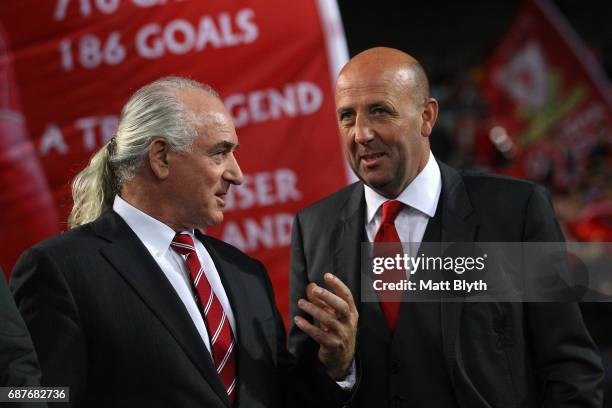 Former Liverpool players Craig Johnston and Gary McAllister pose with fans before the International Friendly match between Sydney FC and Liverpool FC...