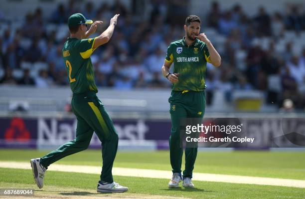 Wayne Parnell of South Africa celebrates dismissing Jason Roy of England during the 1st Royal London ODI match between England and South Africa at...