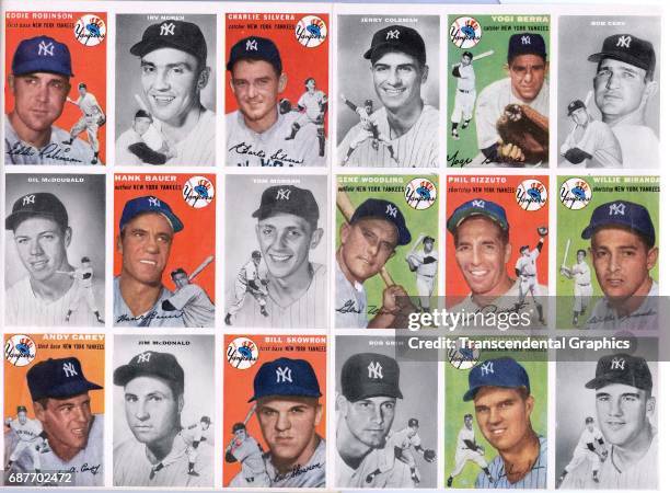 Folded poster insert, from Topps Chewing Gum, features baseball cards that highlight members of the 1954 New York Yankees, New York, New York, August...