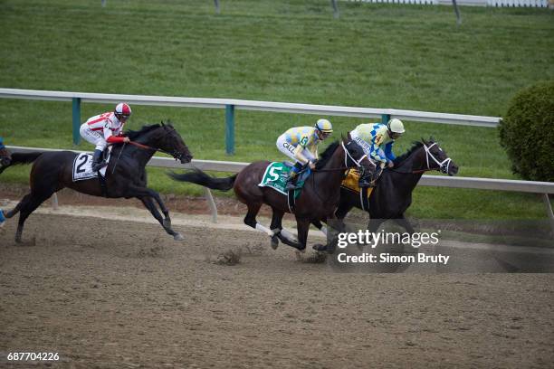142nd Preakness Stakes: Julien Leparoux in action aboard Classic Empire , Javier Castellano in action aboard Cloud Computing and John Velazquez in...