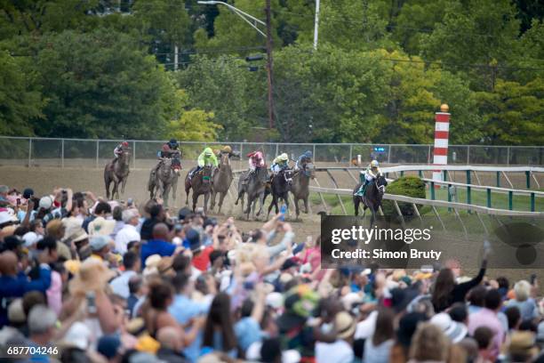 142nd Preakness Stakes: Julien Leparoux in action aboard Classic Empire , Javier Castellano in action aboard Cloud Computing and John Velazquez in...