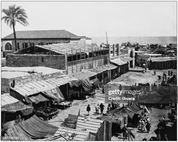 ilustraciones, imágenes clip art, dibujos animados e iconos de stock de antiguas fotografías de tierra santa, egipto y medio oriente: bazar de jaffa - palestina histórica