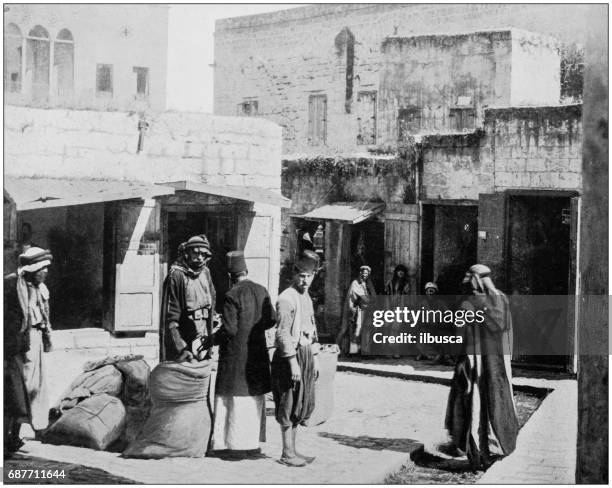 ilustraciones, imágenes clip art, dibujos animados e iconos de stock de antiguas fotografías de tierra santa, egipto y medio oriente: mercado del trigo, nazaret - palestina histórica