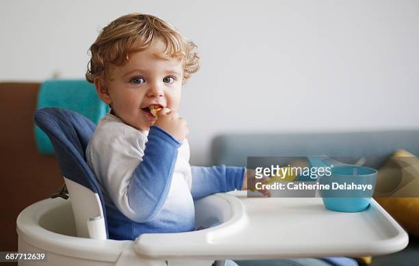 a 15 months old boy eating in his high chair - blue bowl fotografías e imágenes de stock