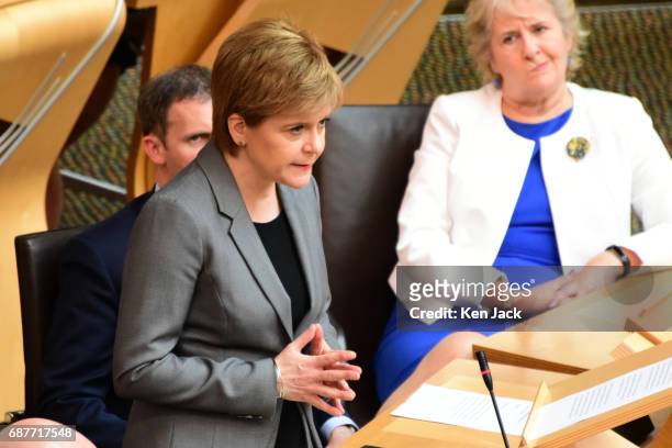 Scottish First Minister Nicola Sturgeon makes a statement in the Scottish Parliament on security in Scotland in the aftermath of the Manchester...