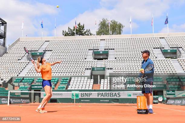 Eugenie Bouchard and his coach Thomas Hogstedt during training session of the 2017 French Open at Roland Garros on May 24, 2017 in Paris, France.