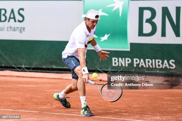 Paul Henri Mathieu of France during qualifying match of the 2017 French Open at Roland Garros on May 24, 2017 in Paris, France.