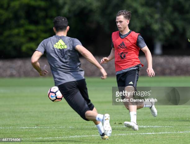 Charlie Colkett of Chelsea in action during a Chelsea training session at Chelsea Training Ground on May 24, 2017 in Cobham, England.