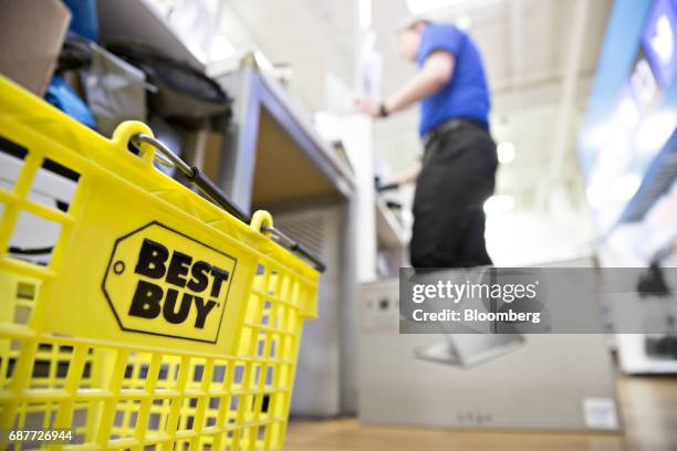 Basket sits near a cash register at a Best Buy Co. Store in Downers Grove, Illinois, U.S., on Tuesday, May 23, 2017. Best Buy Co. Is scheduled to...