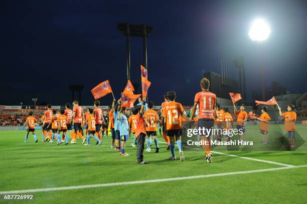 Players enter the pitch prior to the J.League Levain Cup Group A match between Omiya Ardija and Shimizu S-Pulse at NACK 5 Stadium Omiya on May 24,...