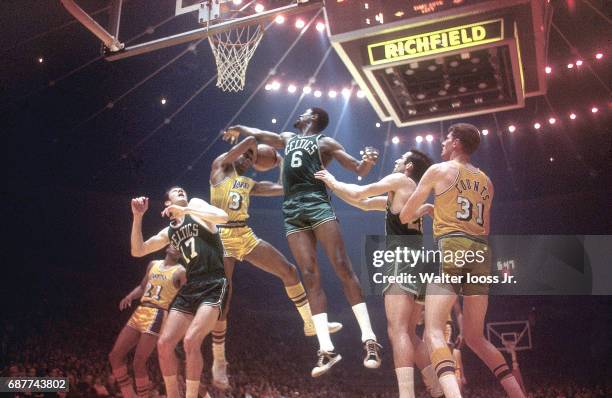 Finals: Los Angeles Lakers Tom Hawkins in action, rebounding vs Boston Celtics Bill Russell at The Forum. Game 6. Inglewood, CA 5/2/1968 CREDIT:...