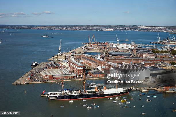 aerial view of portsmouth historic harbour - portsmouth england stock-fotos und bilder