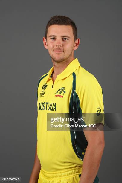 Josh Hazelwood of Australia poses during a portrait session ahead of the ICC Champions Trophy at the Royal Garden Hotel on May 24, 2017 in London,...