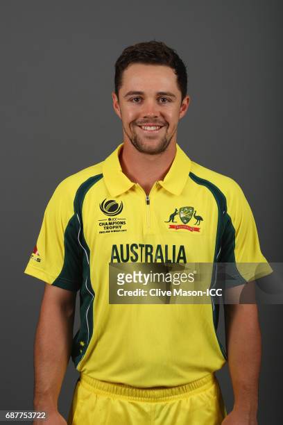 Travis Head of Australia poses during a portrait session ahead of the ICC Champions Trophy at the Royal Garden Hotel on May 24, 2017 in London,...