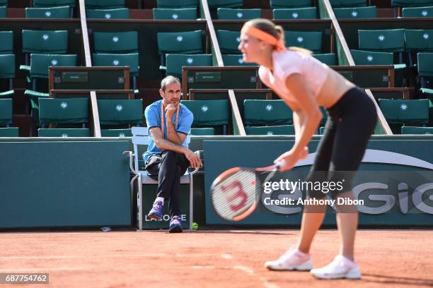 Kristina Mladenovic of France and her coach during qualifying match of the 2017 French Open at Roland Garros on May 24, 2017 in Paris, France.