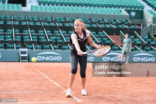 Kristina Mladenovic of France during qualifying match of the 2017 French Open at Roland Garros on May 24, 2017 in Paris, France.