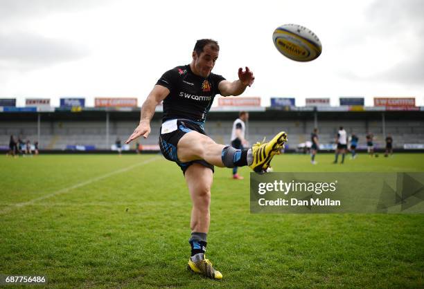 Haydn Thomas of Exeter Chiefs practices a box kick during a training session ahead of the Aviva Premiership Final against Wasps at Sandy Park on May...