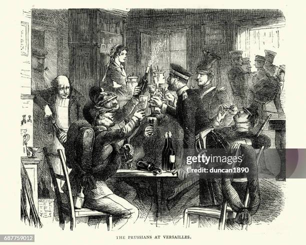 stockillustraties, clipart, cartoons en iconen met franco pruisische oorlog pruisische soldaat proosten overwinning in versailles - versailles