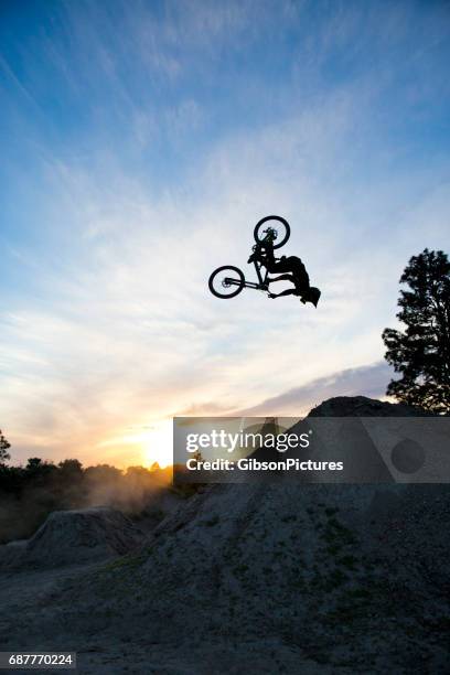 a young man does a backflip on his dowhill-style mountain bike at sunset. - backflipping imagens e fotografias de stock