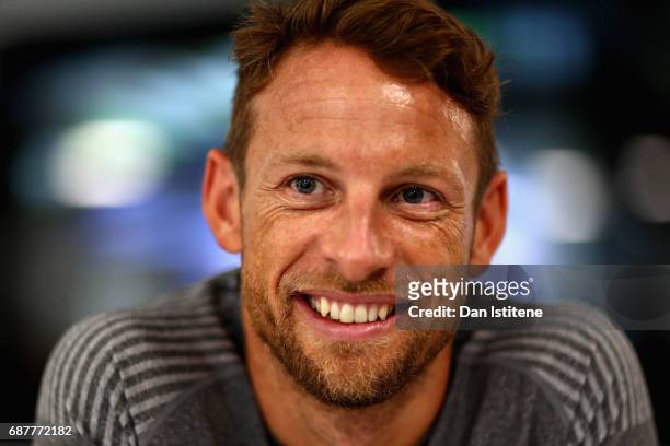 Jenson Button of Great Britain and McLaren Honda talks to the media during previews for the Monaco Formula One Grand Prix at Circuit de Monaco on May...