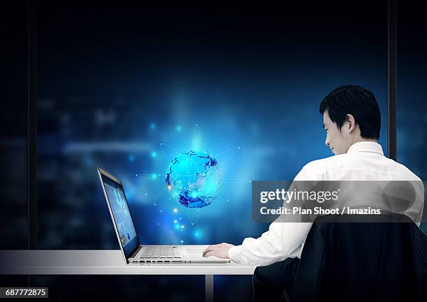 office, laptop, behind view - erdrücken stock-grafiken, -clipart, -cartoons und -symbole