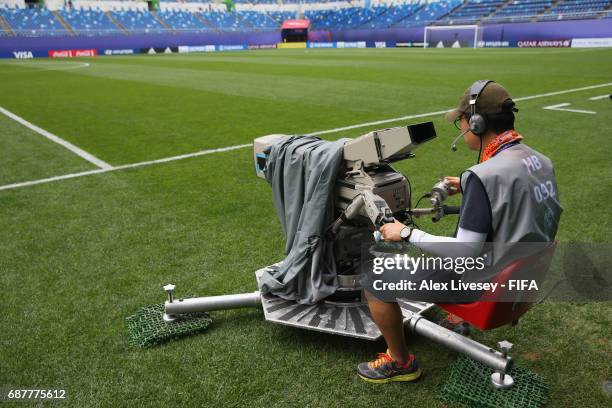 Cameraman is seen prior to the FIFA U-20 World Cup Korea Republic 2017 group B match between Venezuela and Vanuatu at Daejeon World Cup Stadium on...