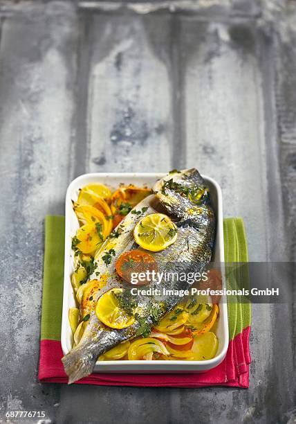 oven-baked sea bream - orata stock pictures, royalty-free photos & images