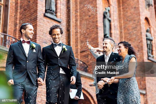 low angle view of happy newlywed gay couple walking while friends throwing confetti - marriage equality stock-fotos und bilder