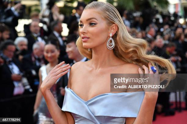 Swedish model Elsa Hosk poses as she arrives on May 24, 2017 for the screening of the film 'The Beguiled' at the 70th edition of the Cannes Film...