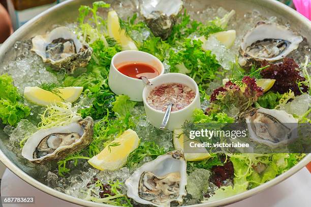 dish of oysters with lemon and sauces - vinaigrette stock pictures, royalty-free photos & images