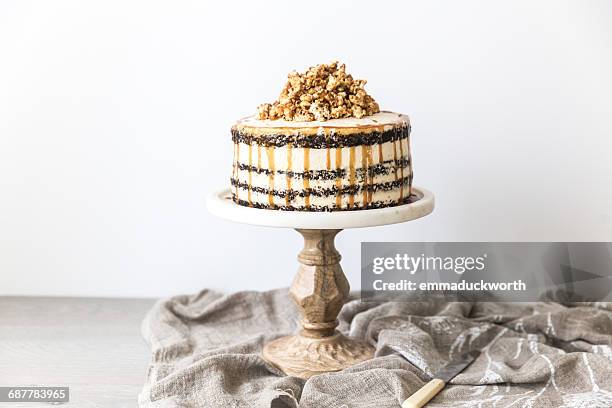 chocolate layered sponge cake with caramel buttercream - cakestand stock-fotos und bilder