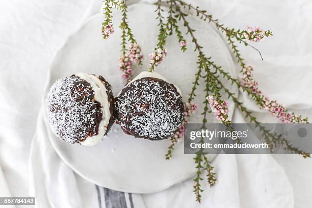 lamington cakes on a plate - lamington cake stock pictures, royalty-free photos & images