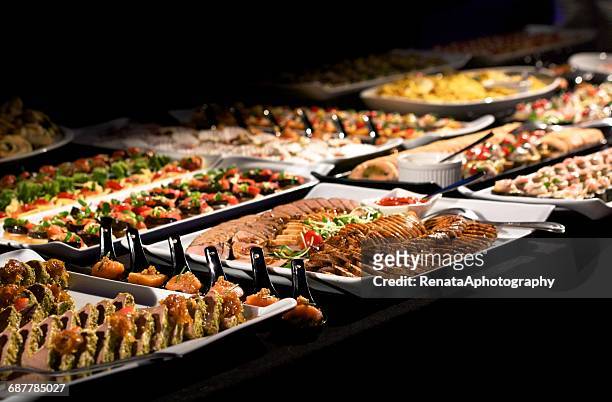salmon, meat and bruschetta buffet selection - party food stock pictures, royalty-free photos & images