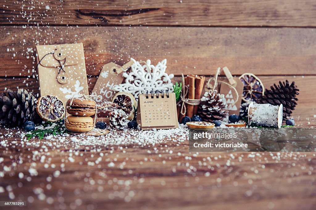 Christmas decorations with fake snow