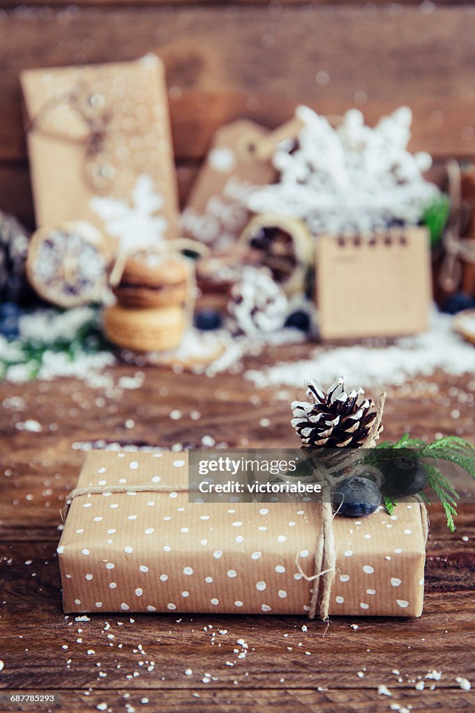 Christmas decorations with fake snow