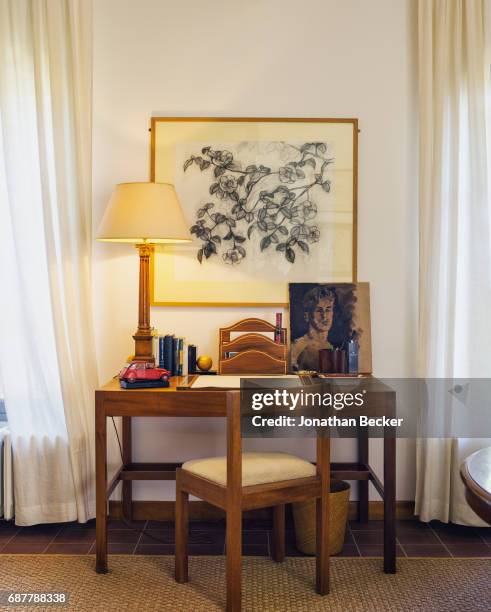 The red and yellow desk made by Viscount David Linley, the second Earl of Snowdon at the age of 14,is photographed for Vanity Fair Magazine on July...