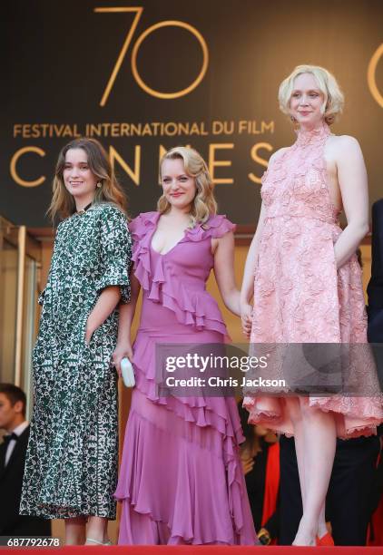 Alice Englert, Elisabeth Moss and Gwendoline Christie attend the "The Beguiled" screening during the 70th annual Cannes Film Festival at Palais des...