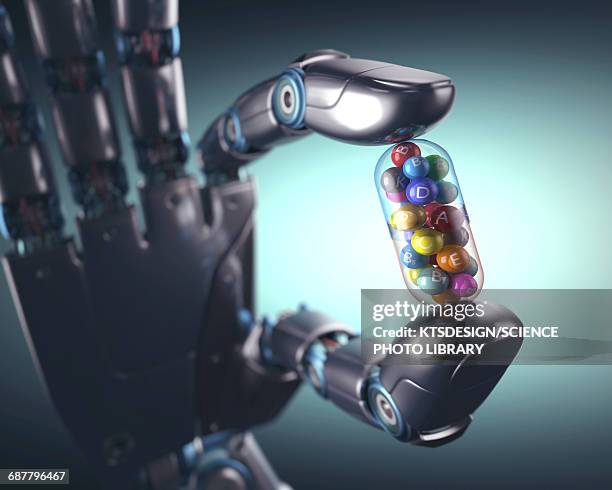 illustrazioni stock, clip art, cartoni animati e icone di tendenza di robotic hand holding multivitamin - vitamina