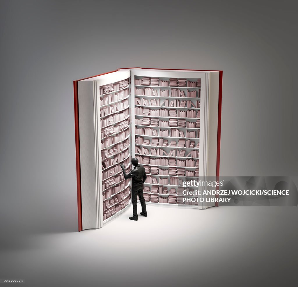 Bookshelves in book with human figure