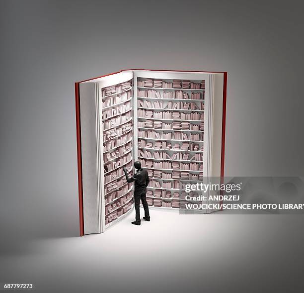 bookshelves in book with human figure - education concept stock illustrations