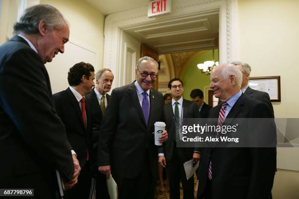 Senate Minority Leader Sen. Charles Schumer greets Sen. Edward Markey , Sen. Brian Schatz , Sen. Tom Carper and Sen. Ben Cardin as he arrives for a...
