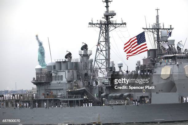 The USS San Jacinto makes its way past the Statue of Liberty on the opening day of Fleet Week on May 24, 2017 in New York City. Now in its 29th year,...