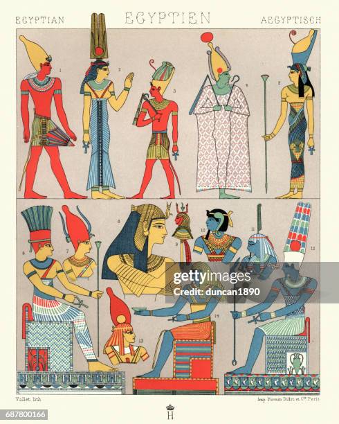 ancient egyptian costumes, divine and rural finery - north african ethnicity stock illustrations