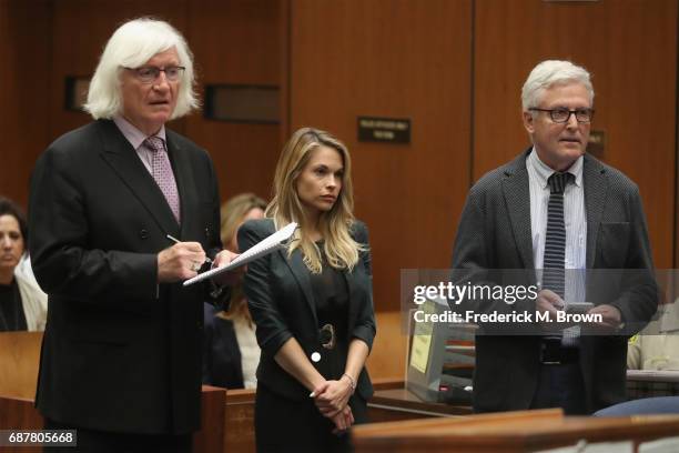 Attorney Thomas Mesereau speaks during model Dani Mathers hearing at Clara Shortridge Foltz Criminal Justice Center on May 24, 2017 in Los Angeles,...