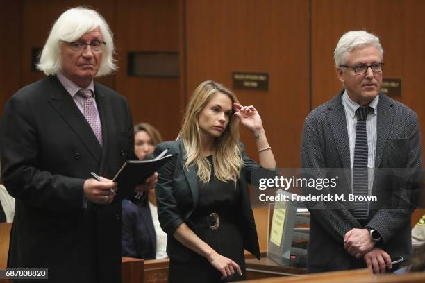 Attorney Thomas Mesereau, model Dani Mathers and attorney Dana M. Cole stand during court proceedings for a hearing at Clara Shortridge Foltz...