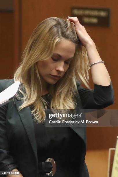 Model Dani Mathers stands during court proceedings for a hearing at Clara Shortridge Foltz Criminal Justice Center on May 24, 2017 in Los Angeles,...